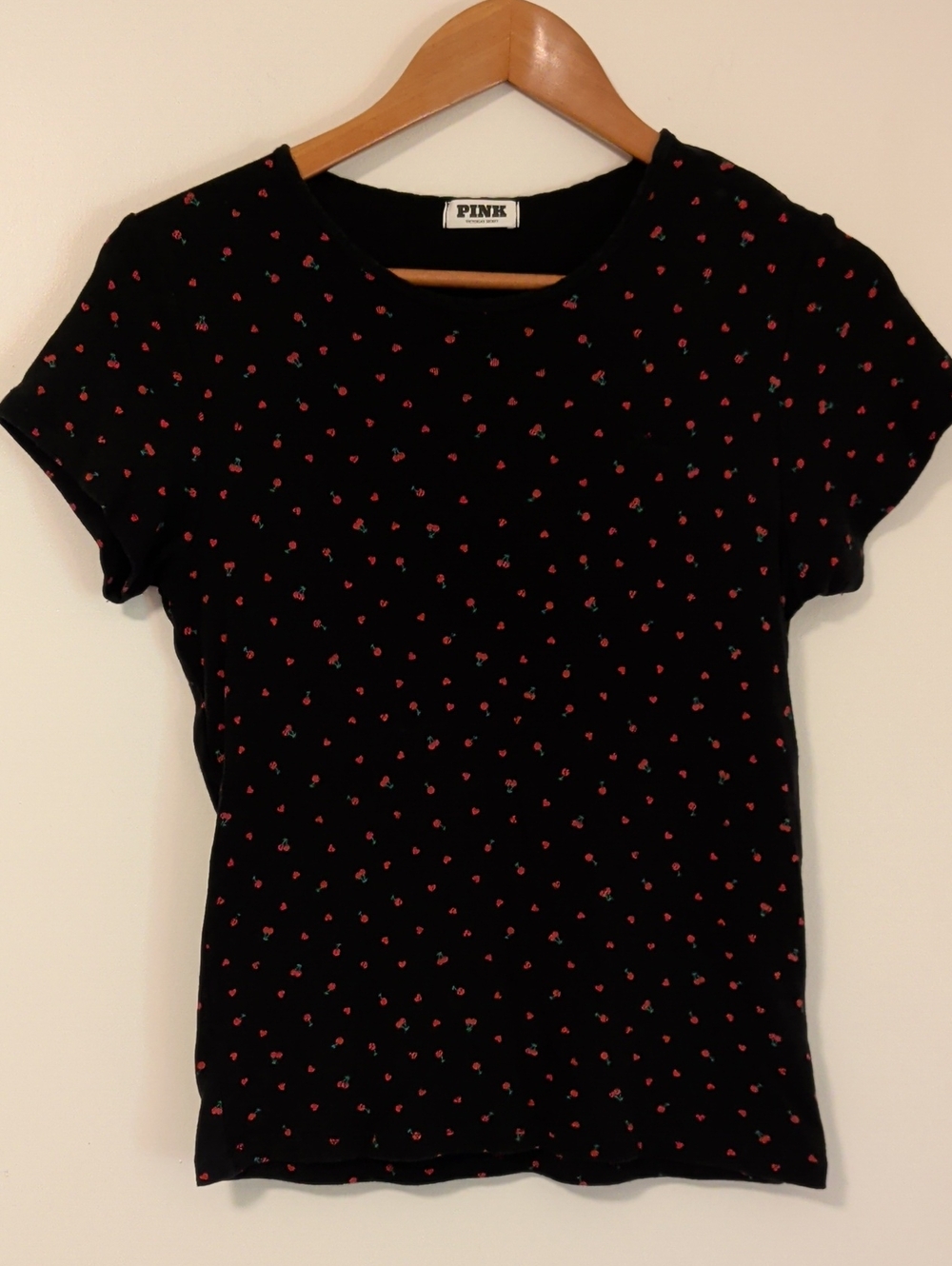 PINK Victoria's Secret Black Tee with Tiny Red Cherry Print